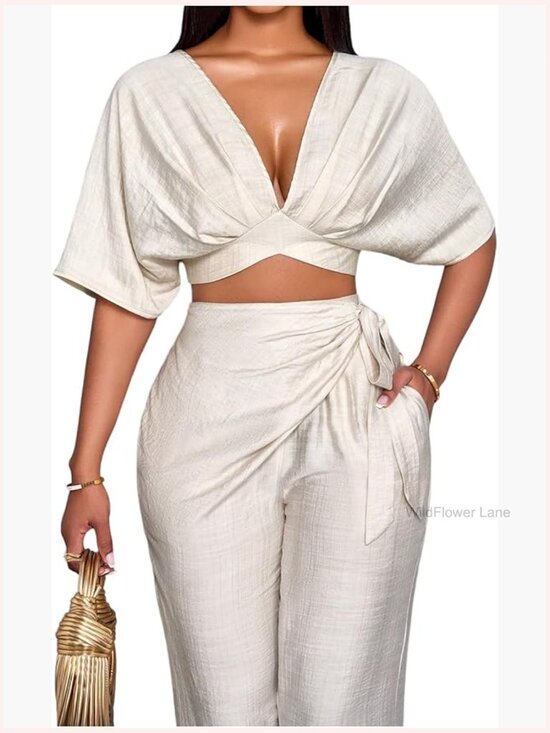 Tops - Deep V Neck Tie Back Crop Blouse Dolman Sleeve Party Top